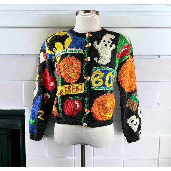 *Flawed The Eagles Eye Halloween Cardigan Sweater Hand Knit Candy Corn Buttons S - Picture 15 of 15